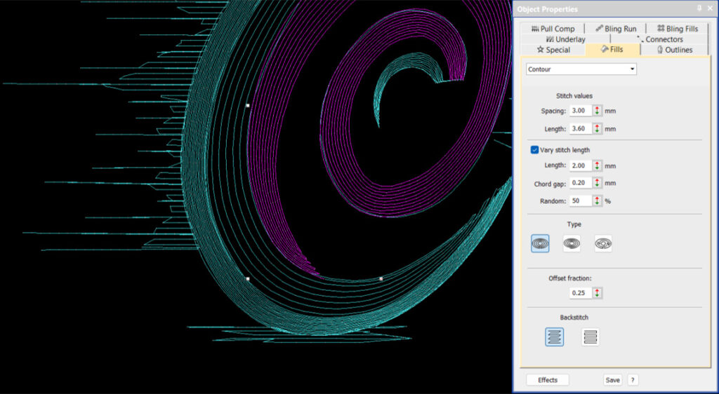 Contour Effect in EmbroideryStudio Digital Edition Designing